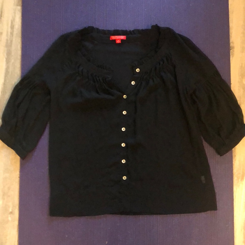 New York & Co Sheer Black Ruffled Buttoned Blouse